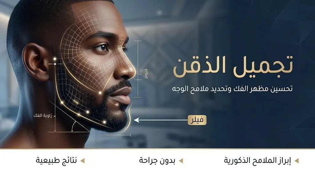 إنفوجرافيك طبي يوضح تقنية تحديد الذقن بالفيلر على وجه رجل مع نصوص عربية توضيحية