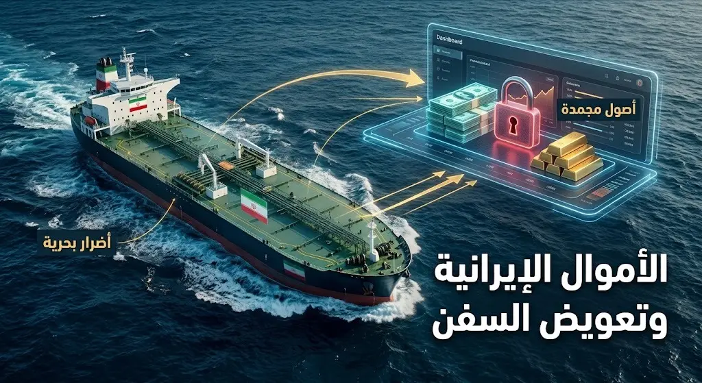 تصميم إنفوجرافيك إخباري يوضح توجيه الإدارة الأمريكية للأصول الإيرانية المجمدة لتعويض الأضرار التي تلحق بالسفن التجارية.