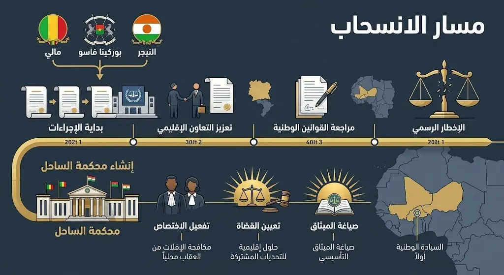 إنفوجرافيك يوضح مسار انسحاب مالي وبوركينا فاسو والنيجر من المحكمة الجنائية الدولية وتأسيس محكمة الساحل البديلة على مدار عام.