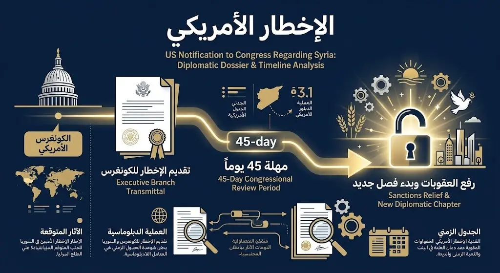 إنفوجرافيك احترافي يوضح تفاصيل الإخطار الأمريكي للكونغرس والمهلة الزمنية البالغة 45 يوماً لرفع العقوبات عن سوريا.