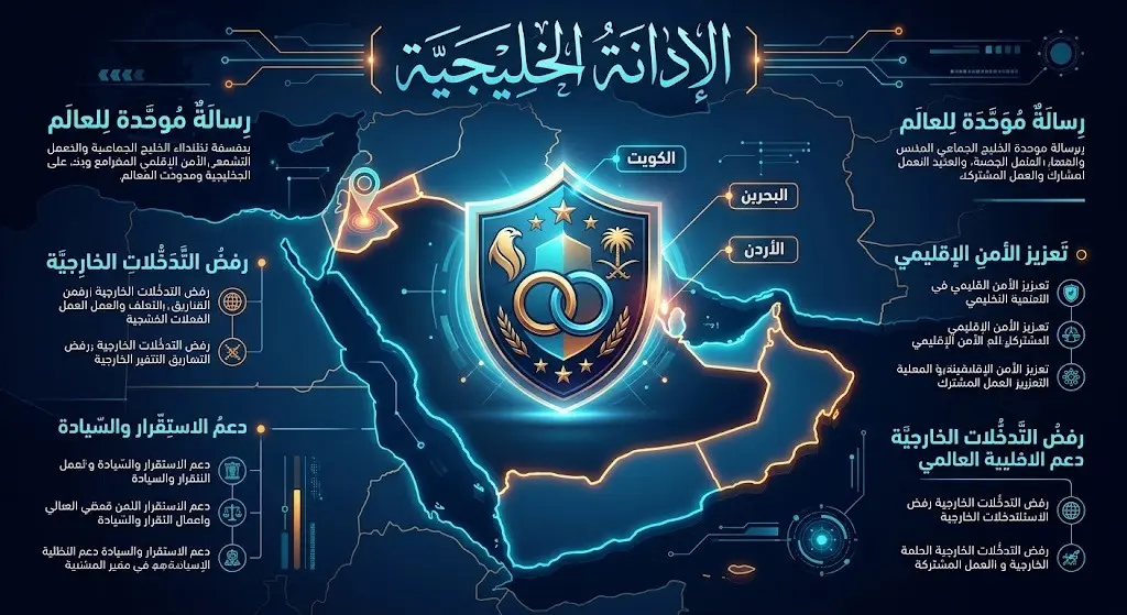 إنفوجرافيك يوضح خريطة الشرق الأوسط مع تسليط الضوء على الكويت والبحرين والأردن، يتوسطها درع يرمز لمجلس التعاون الخليجي.