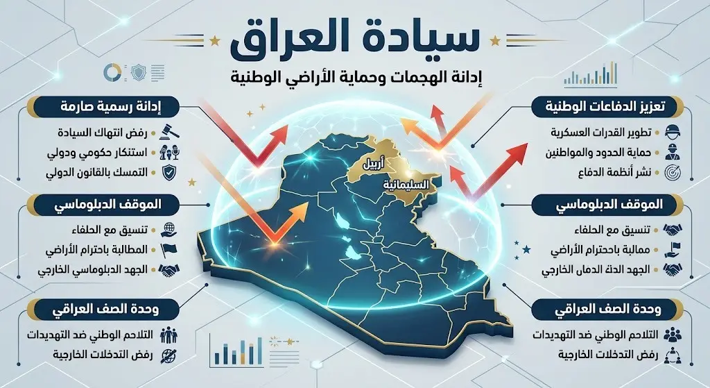 إنفوجرافيك يوضح خريطة العراق مع درع حماية فوق أربيل والسليمانية، تعبيراً عن التمسك بالسيادة الوطنية