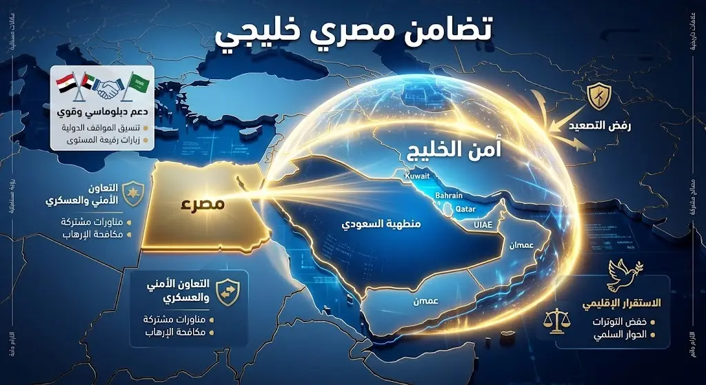 تصميم ثلاثي الأبعاد يعرض درعاً واقياً مضيئاً يغطي منطقة الخليج العربي مع نصوص تبرز التضامن المصري.