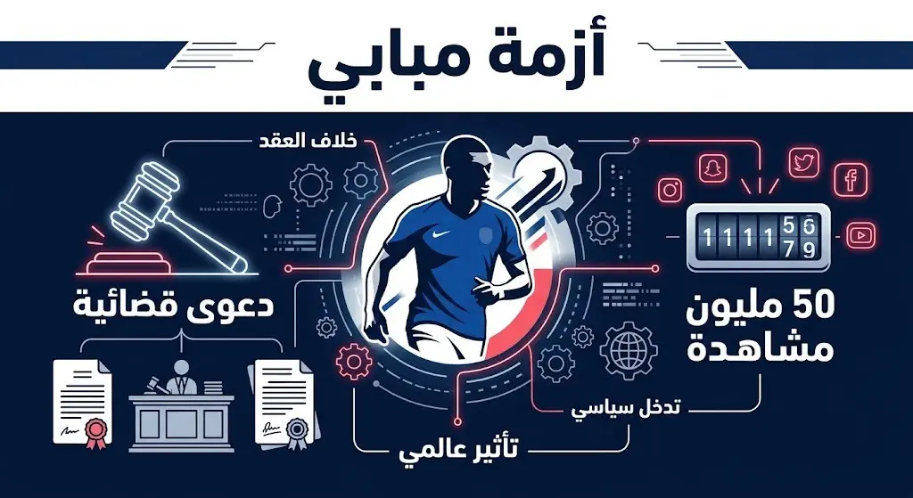 إنفوجرافيك يوضح تسلسل أزمة التصريحات العنصرية ضد كيليان مبابي والتحرك القانوني للاتحاد الفرنسي، مع إبراز تفاعل 50 مليون مشاهدة.
