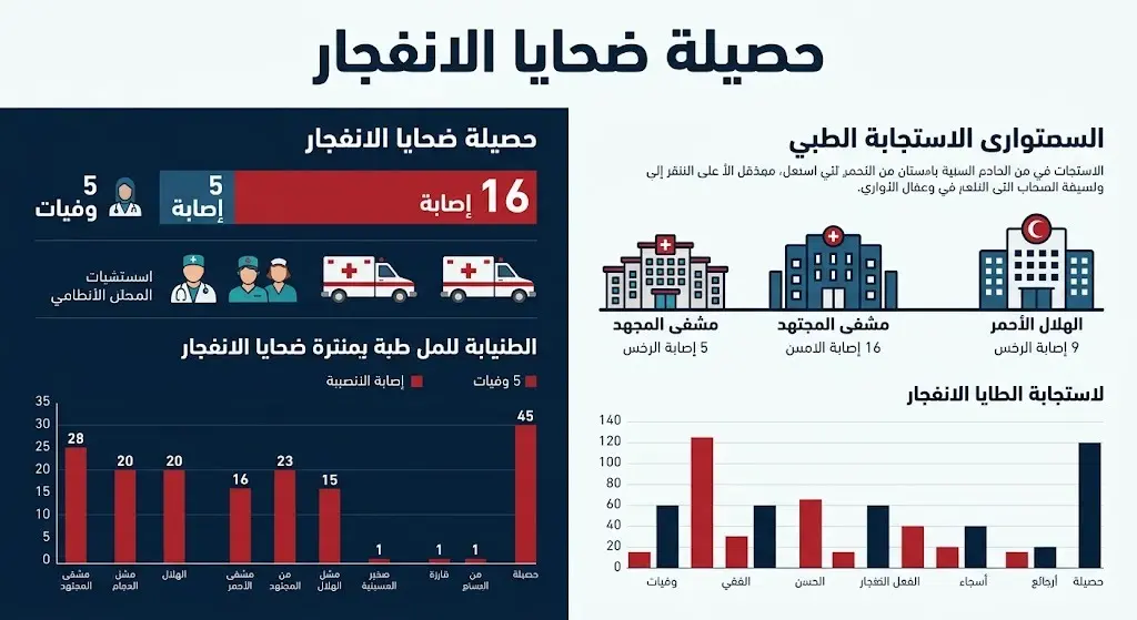 إنفوجرافيك يوضح إحصائيات ضحايا انفجار مقهى المشيرية بدمشق وتوزيع الإصابات والوفيات على المستشفيات.