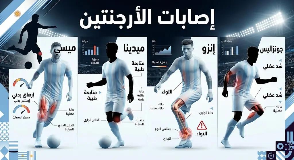 إنفوجرافيك رياضي طبي يستعرض قائمة إصابات لاعبي المنتخب الأرجنتيني وحالات الإرهاق البدني مثل ميسي وميدينا وإنزو قبل مواجهة مصر.