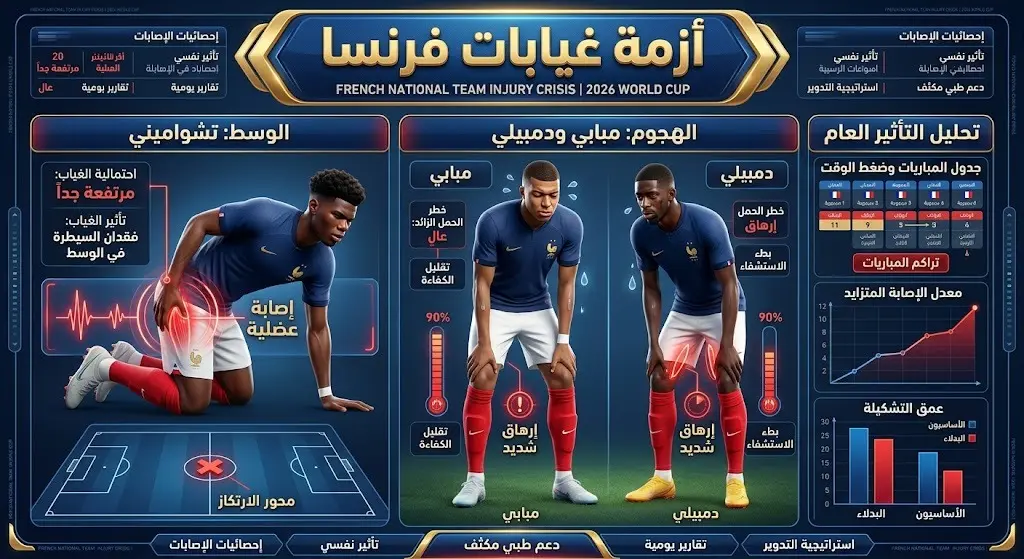إنفوجرافيك يوضح تفاصيل الإصابات العضلية والإرهاق التي ضربت لاعبي المنتخب الفرنسي مثل تشواميني ومبابي.