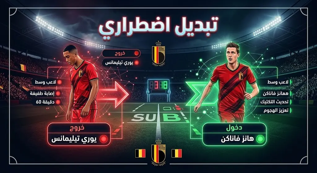 إنفوجرافيك يوضح التبديل الاضطراري لمنتخب بلجيكا بخروج يوري تيليمانس ودخول هانز فاناكن بسبب الإصابة.