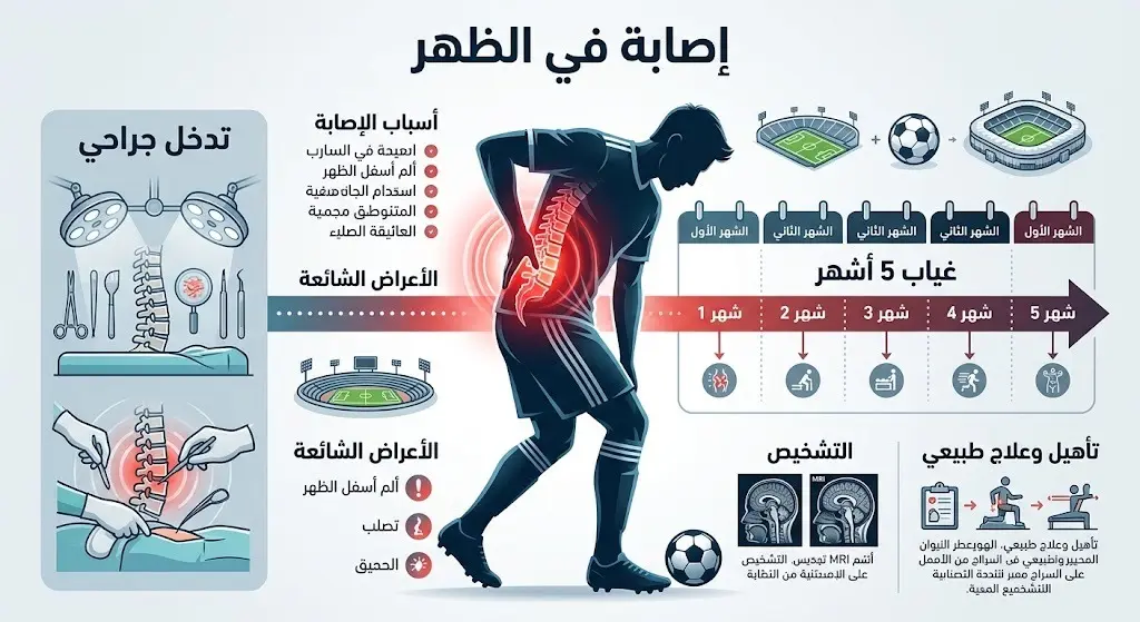 إنفوجرافيك طبي رياضي يوضح تفاصيل إصابة المدافع ويليام ساليبا في أسفل الظهر ومدة غيابه المتوقعة التي تصل لخمسة أشهر.