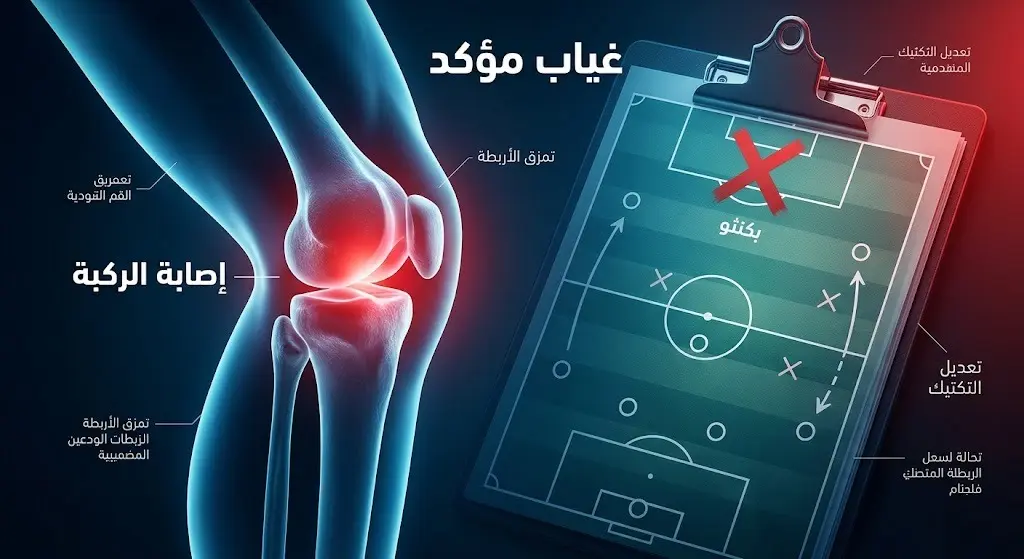 تصميم تعبيري يدمج بين رسم طبي يوضح إصابة في الركبة اليسرى ولوحة تكتيكية تشير إلى استبعاد اللاعب من التشكيلة الأساسية.