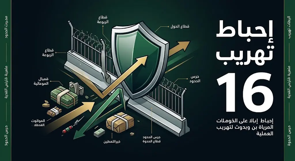 تصميم بصري يوضح تفاصيل إحباط حرس الحدود لتهريب 16 كيلوجراماً من الحشيش في قطاع الربوعة.
