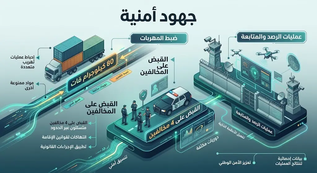 إنفوجرافيك يوضح الإحصائيات وتفاصيل إحباط حرس الحدود لمحاولات تهريب المخدرات في قطاع الدائر.