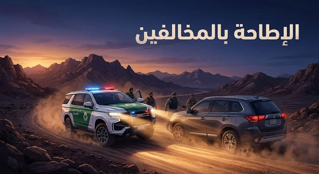 مشهد تعبيري يجسد يقظة رجال الأمن خلال عملية إيقاف مركبة تنقل مخالفين لنظام أمن الحدود في تضاريس وعرة، مع عنوان بارز يوضح الإطاحة بالمخالفين.