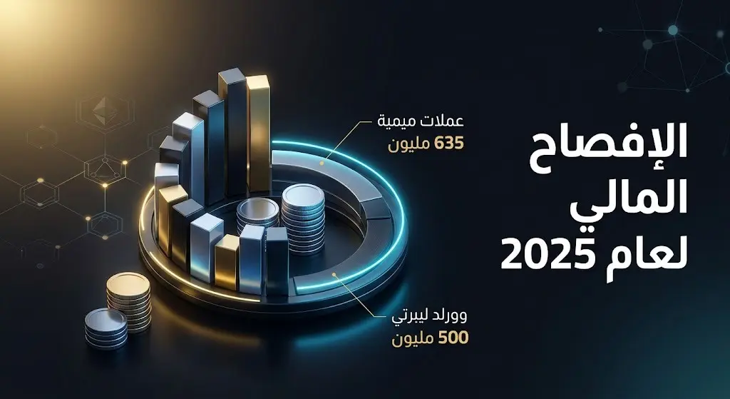 إنفوجرافيك ثلاثي الأبعاد يعرض تفاصيل الإفصاح المالي للرئيس ترامب لعام 2025، موضحاً عوائد العملات الميمية ومشروع وورلد ليبرتي فاينانشال.