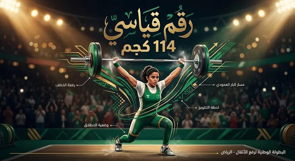تصميم بصري درامي لرباع يرفع الأثقال مع إبراز رقم الإنجاز العالمي 114 كجم بخط عربي أنيق
