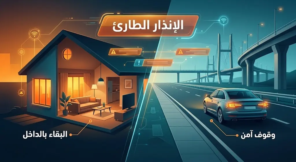 تصميم فني يجسد تعليمات الإنذار الطارئ في الدمام، يوضح ضرورة البقاء في الداخل والابتعاد عن النوافذ والتوقف الآمن للمركبات.