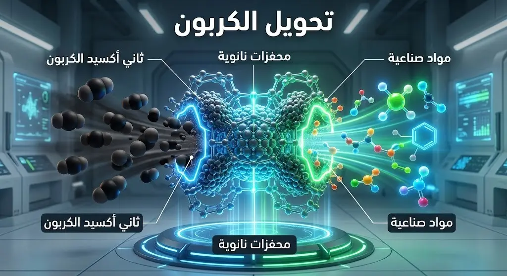 إنفوجرافيك ثلاثي الأبعاد يوضح عملية تحويل انبعاثات ثاني أكسيد الكربون إلى مواد صناعية باستخدام المحفزات النانوية.