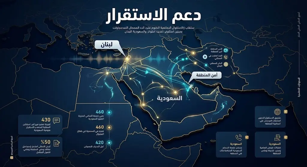 إنفوجرافيك إخباري يصور خريطة رقمية مضيئة للمنطقة مع خطوط اتصال تعبر عن التنسيق الدبلوماسي السعودي اللبناني لدعم الاستقرار.