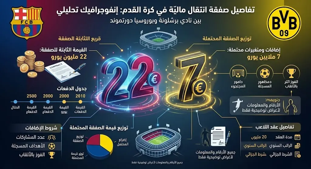 إنفوجرافيك يوضح التفاصيل المالية لصفقة انتقال كريم أديمي إلى برشلونة متضمناً القيمة الأساسية والإضافات.
