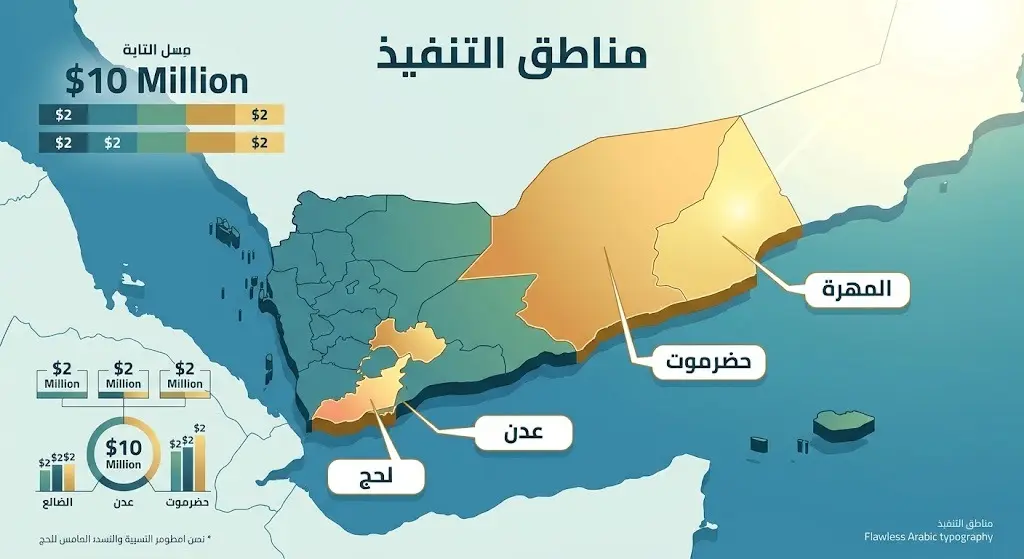 خريطة إنفوجرافيك توضح المحافظات اليمنية الخمس المستهدفة بتنفيذ اتفاقية الأمن الغذائي بقيمة 10 ملايين دولار.