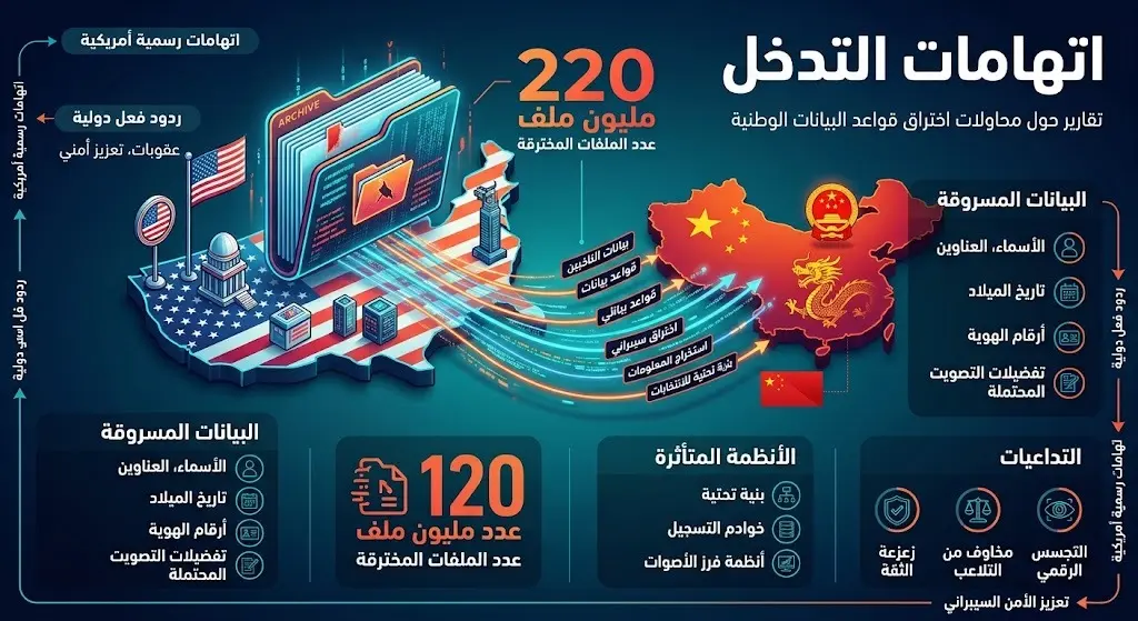 تصميم إنفوجرافيك إبداعي يوضح حجم البيانات المزعوم تسريبها والبالغ 220 مليون ملف انتخابي، مع نصوص عربية تشرح الاتهامات الموجهة للصين.