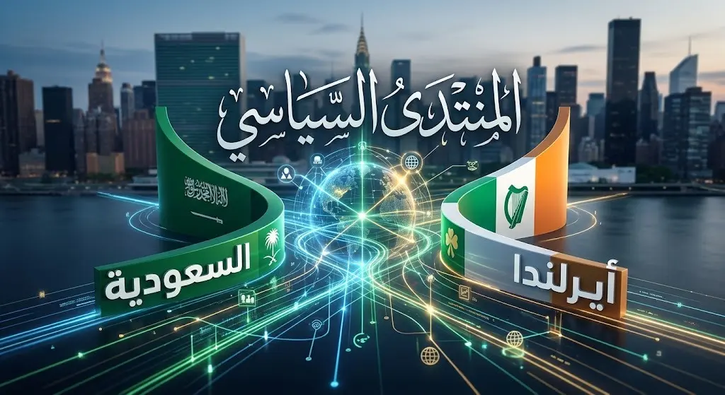 رسم تعبيري يجسد اللقاء الدبلوماسي بين السعودية وإيرلندا في نيويورك على هامش المنتدى السياسي الرفيع المستوى.