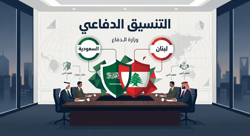 رسم معلوماتي (إنفوجرافيك) يعبر عن التنسيق الدبلوماسي والدفاعي بين المملكة العربية السعودية والجمهورية اللبنانية في مقر وزارة الدفاع باليرزة