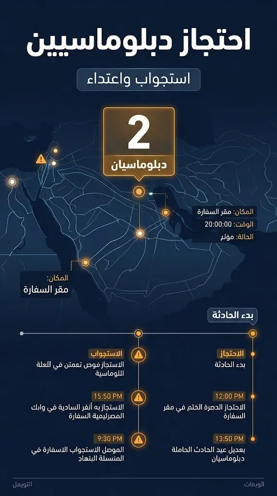 بطاقة معلومات بصرية تستعرض تفاصيل احتجاز اثنين من الدبلوماسيين الفرنسيين وتعرضهما للاستجواب والاعتداء.