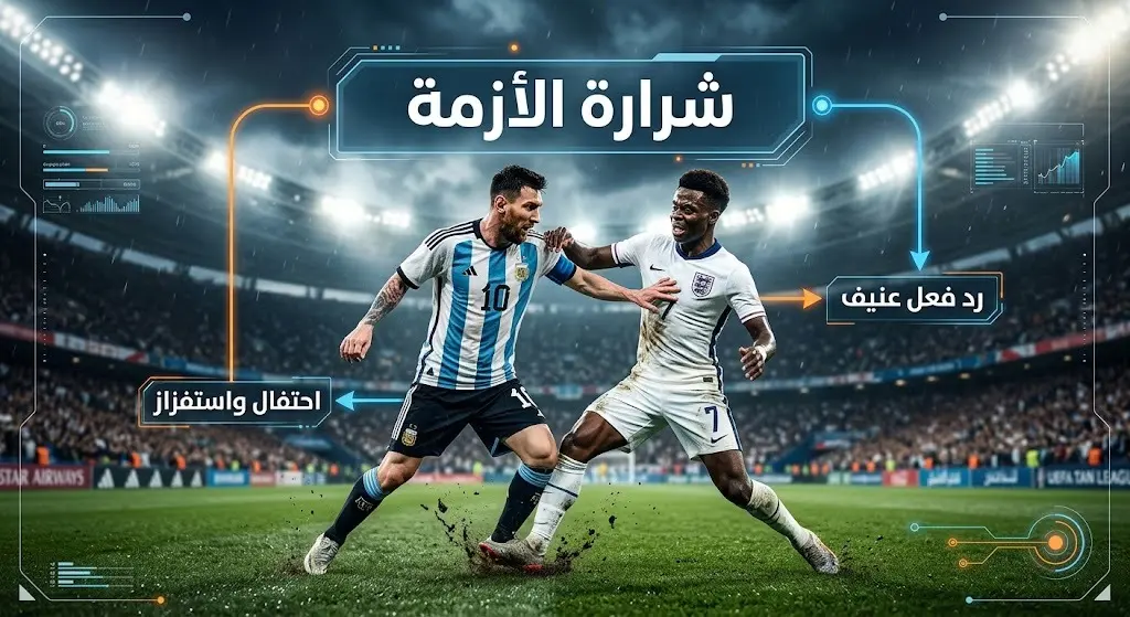 تصميم إنفوجرافيك يوضح تسلسل الأحداث والتوتر بين لاعبي الأرجنتين وإنجلترا في نصف نهائي كأس العالم بألوان درامية وتسميات توضيحية.