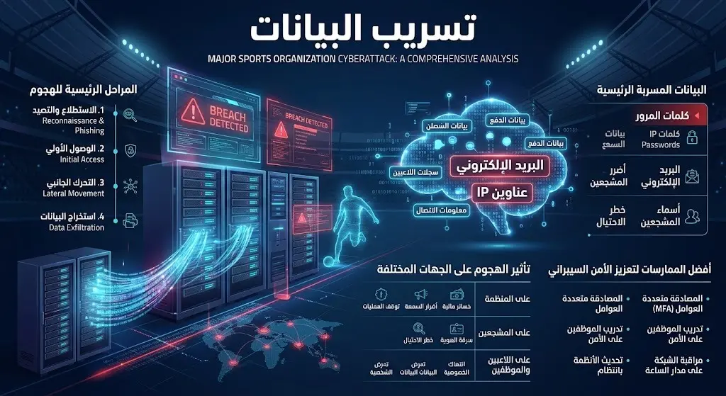 إنفوجرافيك سيبراني يوضح تفاصيل اختراق خوادم الاتحاد الأرجنتيني وتسريب البيانات الحساسة مثل كلمات المرور والبريد الإلكتروني.