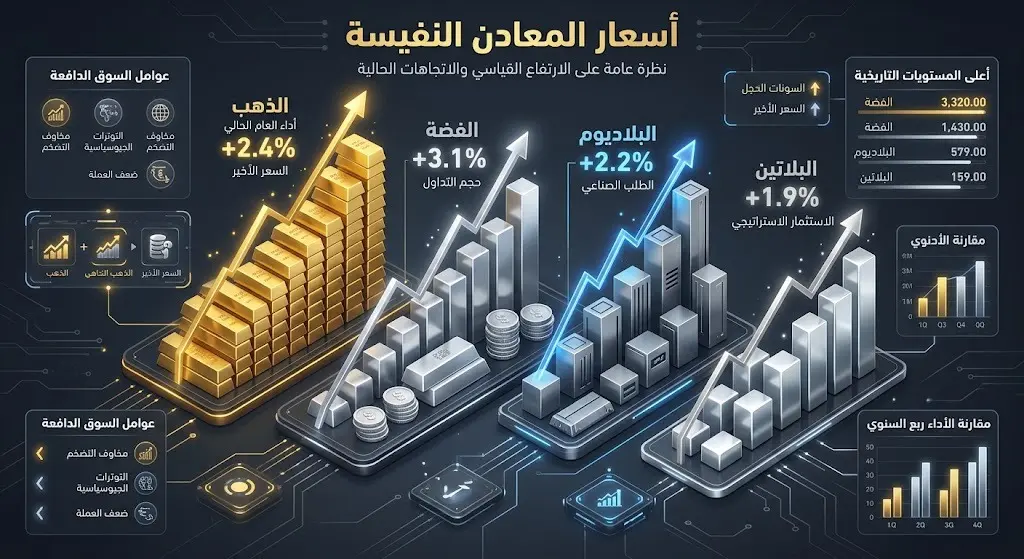 إنفوجرافيك مالي يستعرض نسب ارتفاع أسعار المعادن النفيسة كالذهب والفضة والبلاديوم والبلاتين مع أرقام توضح الزيادات التي تجاوزت 2%.