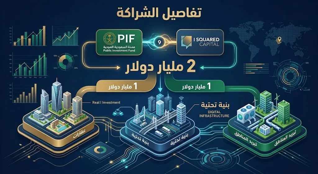 إنفوجرافيك يوضح تفاصيل الشراكة الاستثمارية بين صندوق الاستثمارات العامة وآي سكويرد كابيتال بقيمة ملياري دولار وتوزيعها القطاعي.