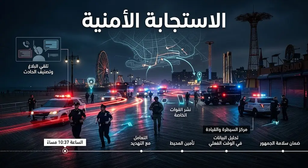 تصميم إنفوجرافيك يوضح الاستجابة السريعة لشرطة نيويورك لحادثة إطلاق النار في بروكلين وتوقيت البلاغ.