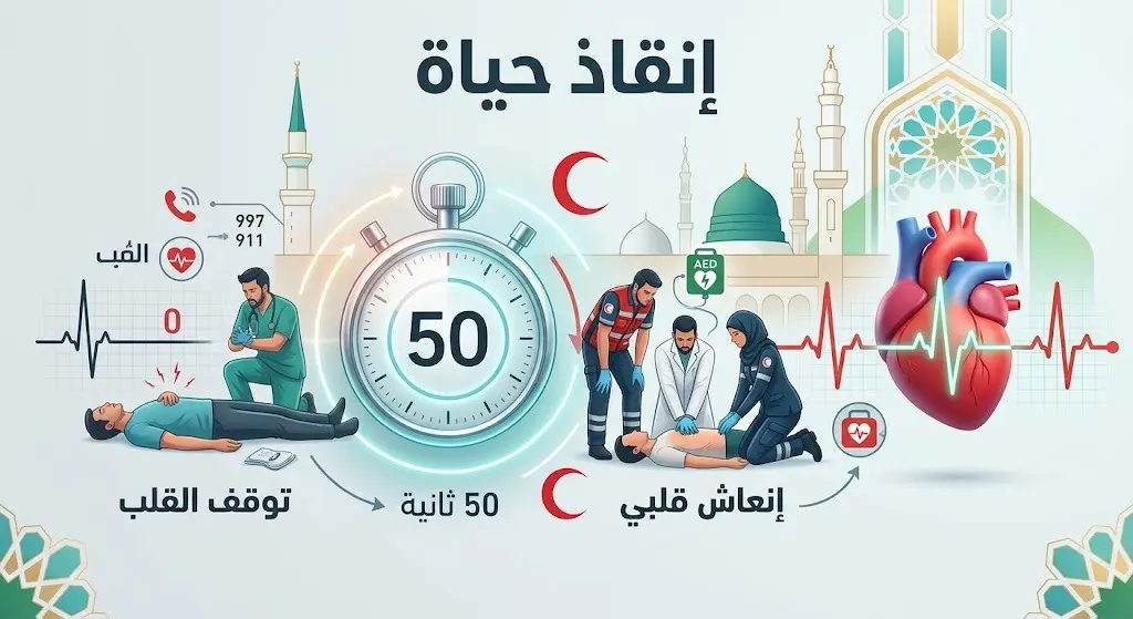 إنفوجرافيك احترافي يبرز تفاصيل إنقاذ معتمرة بجوار البقيع خلال 50 ثانية، متضمناً أيقونات طبية ونصوصاً عربية واضحة ومترابطة.