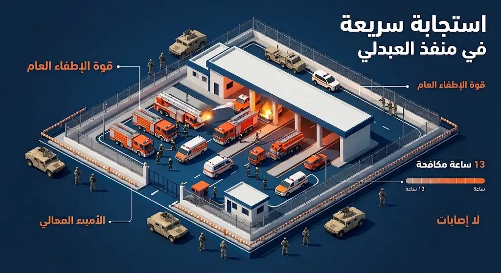 إنفوجرافيك يوضح تفاصيل الاستجابة السريعة لفرق الإطفاء والجهات الأمنية لتأمين منفذ العبدلي والسيطرة على الحريق إثر الهجوم.