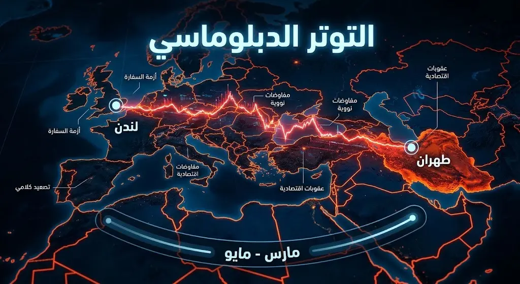 إنفوجرافيك يوضح التوتر الدبلوماسي بين لندن وطهران والجدول الزمني للاتهامات.