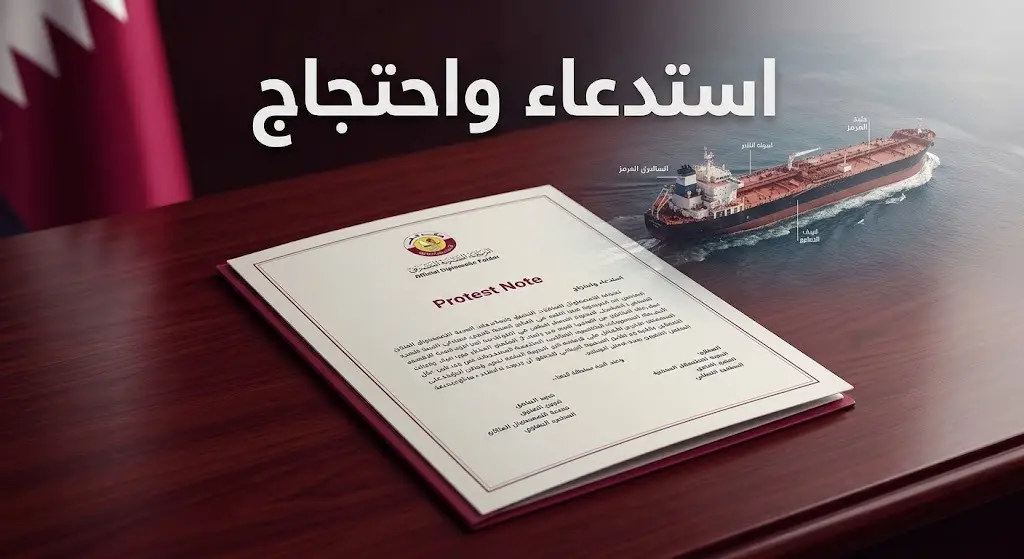 صورة تعبيرية تدمج بين مذكرة الاحتجاج الدبلوماسية وناقلة غاز في مضيق هرمز