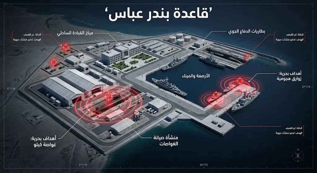 خريطة تكتيكية وتصميم إنفوجرافيك يوضح تفاصيل استهداف منشأة صيانة الغواصات والسفن في قاعدة بندر عباس البحرية.