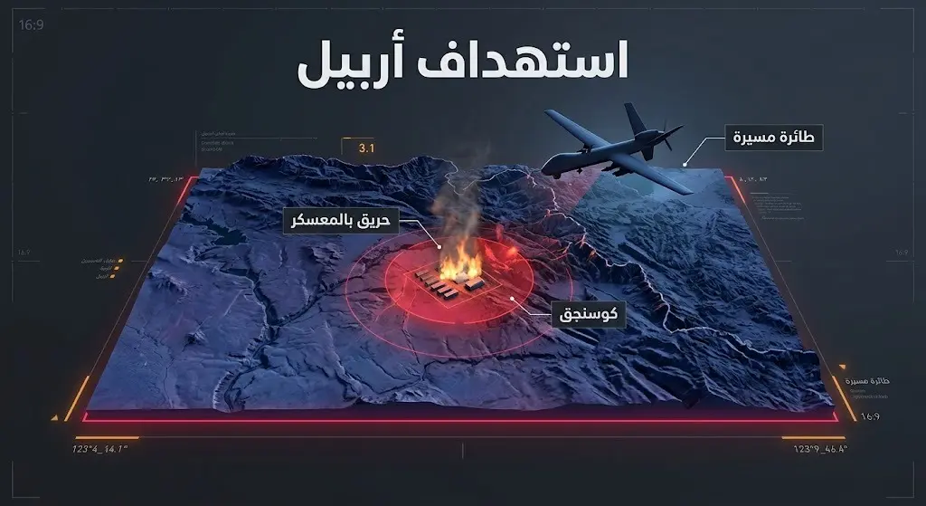 إنفوجرافيك إخباري ثلاثي الأبعاد يوضح تفاصيل الهجوم بطائرة مسيرة مفخخة على معسكر في قضاء كوسنجق شرق أربيل، مع إبراز موقع الحريق.