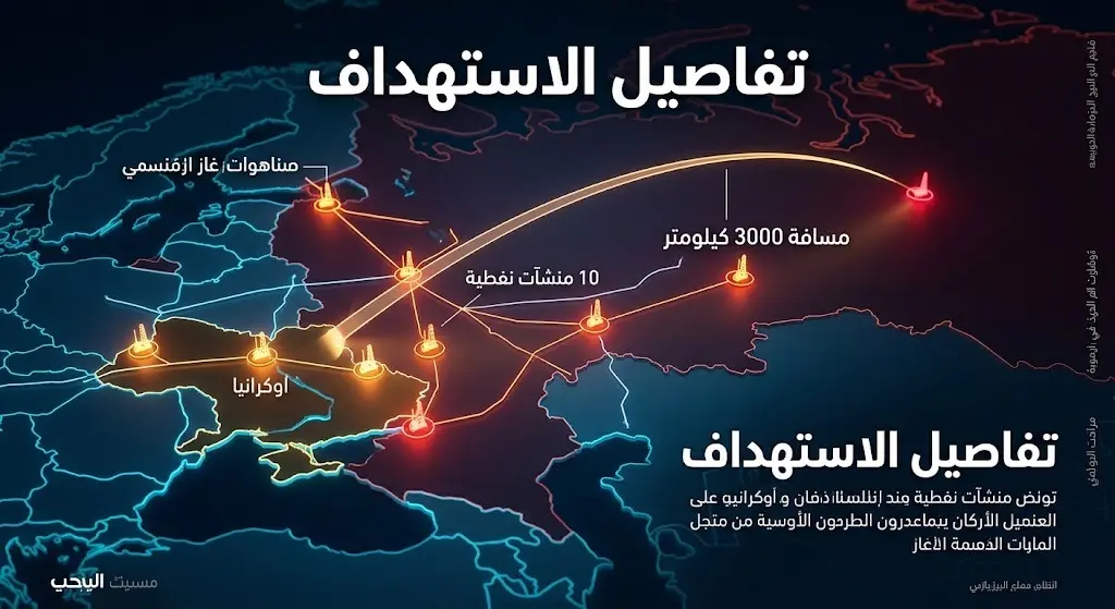 إنفوجرافيك يوضح خريطة ومسافات استهداف أوكرانيا لأكبر 10 منشآت نفطية روسية بعمق يتجاوز 3 آلاف كيلومتر.