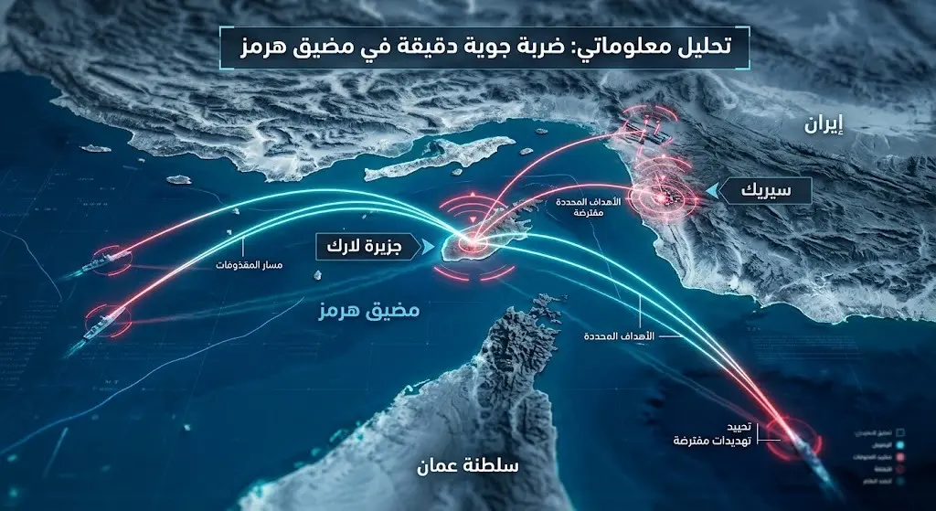 خريطة إنفوجرافيك ثلاثية الأبعاد توضح موقع جزيرة لارك ومضيق هرمز ومدينة سيريك مع مؤشرات استهداف جوي.