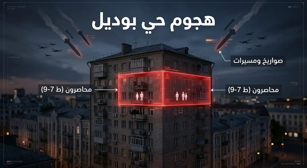 تصميم إنفوجرافيك يوضح تفاصيل الهجوم الصاروخي على مبنى سكني في حي بوديل بكييف مع تسليط الضوء على الطوابق العليا المتضررة وحوصر السكان.