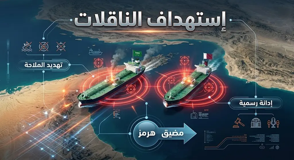 تصميم بصري وخرائطي يوضح موقع استهداف الناقلتين في مضيق هرمز