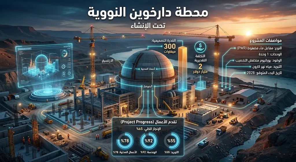 إنفوجرافيك يوضح تفاصيل محطة دارخوين النووية وتكلفتها وقدرتها الإنتاجية.