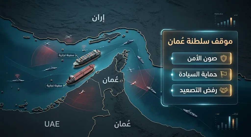 خريطة إنفوجرافيك توضح استهداف السفينتين التجاريتين في مضيق هرمز ومساندة سلطنة عُمان لدول الخليج ودعوتها للتهدئة.