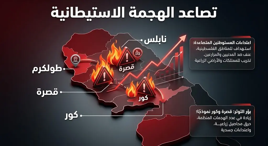إنفوجرافيك احترافي يوضح مواقع الاعتداءات الاستيطانية على مسجدي قصرة في نابلس وكور في طولكرم