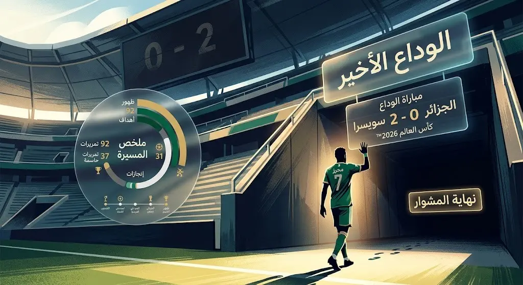 تصميم غرافيكي يعبر عن اعتزال رياض محرز ويستعرض نتيجة مباراة الجزائر وسويسرا في مونديال 2026