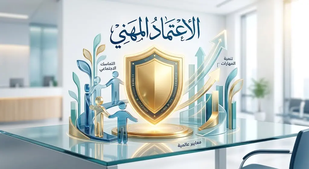 تصميم فني رمزي يعبر عن الاعتماد المهني والتخصصي يعكس الجودة والكفاءة في تقديم الخدمات الاجتماعية.