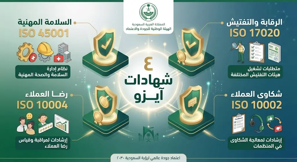إنفوجرافيك يستعرض أربع شهادات آيزو حصلت عليها المؤسسة العامة للتأمينات الاجتماعية تشمل مجالات السلامة المهنية، الرقابة، شكاوى العملاء، ورضا العملاء.