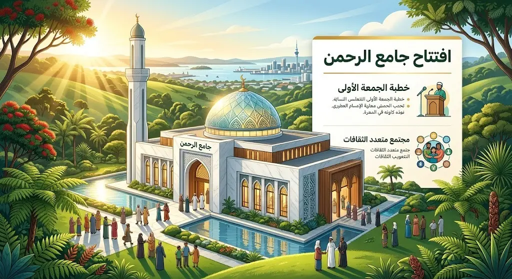 صورة تعبيرية وتصميم معلوماتي يوضح افتتاح جامع الرحمن في مدينة أوكلاند بنيوزيلندا، مع إبراز معالم العمارة الإسلامية وسط الطبيعة الخلابة، مصحوباً بنصوص عربية توضيحية متصلة.